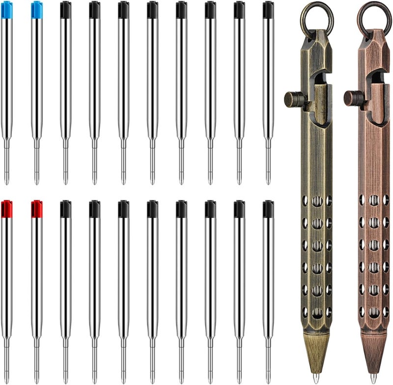 Origin-Joy 2 Pack Bolt Action Pen Set, Six Edge Solid Brass EDC Pocket Tactical Pen With 20 Ballpoint Refills (Retro Black & Red Bronze) - Image 1